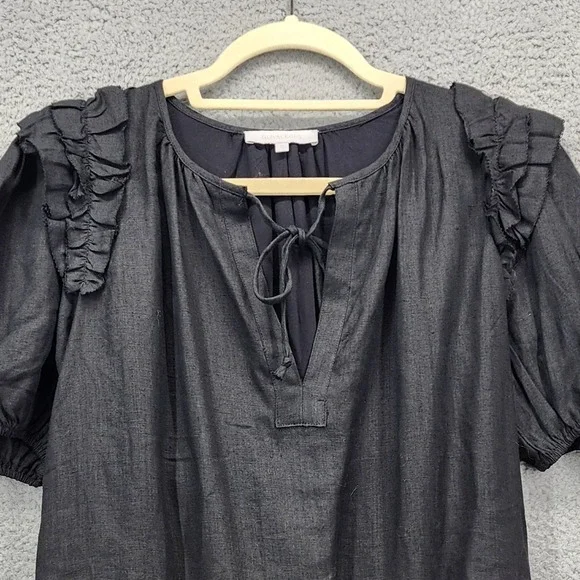 Olivaceous Black Ramie Linen Blend Ruffle Puff Sleeve Mini Shift Dress Small - Picture 10 of 14